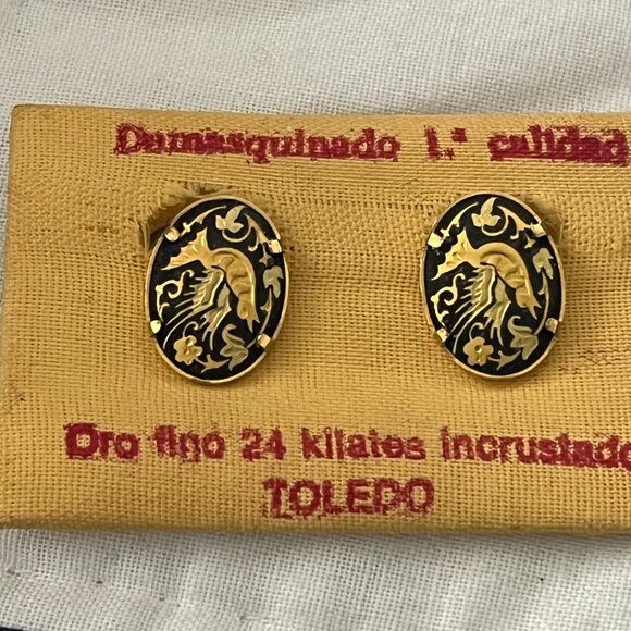 Toledo 24Kt gold encrusted Damascene CLIP ON earrings birds NWT VINTAGE - Picture 4 of 5